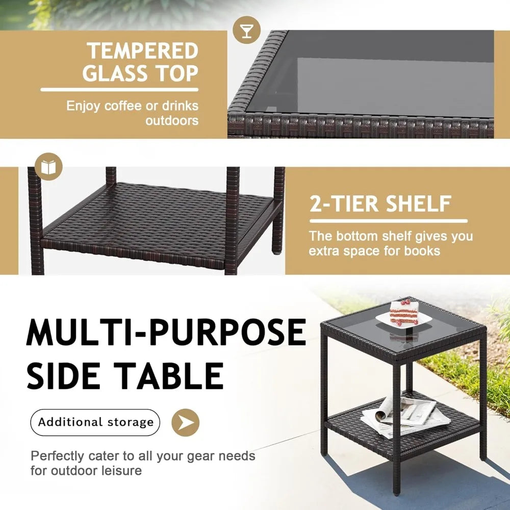 Patio Furniture Set 3 Pieces Outdoor Wicker Chairs Set of 2 with Coffee Table for Outside Porch Balcony (Brown)
