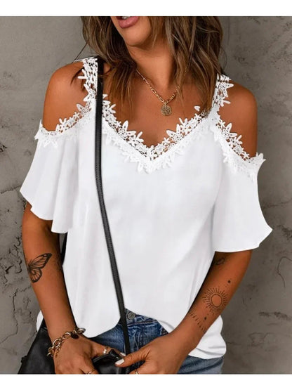 Women's Summer Solid Color Lace Short Sleeve Casual T-shirt Fashion V-neck Short Sleeve Off The Shoulder Sling T-shirt. WHITE in Small and  Large.  Black in Small and XL.  So CUTE, BUT No numbers unless you order NOW!!!