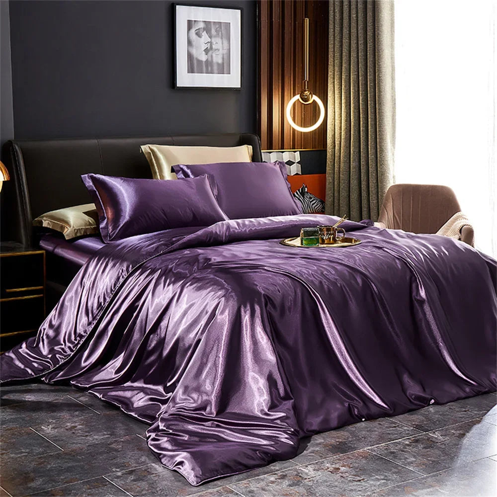 Solid Silk Bedding Set with Duvet Cover, Bed Sheet, 2 Pillowcases Luxury Satin Single Double Bedsheet King Queen Twin Size