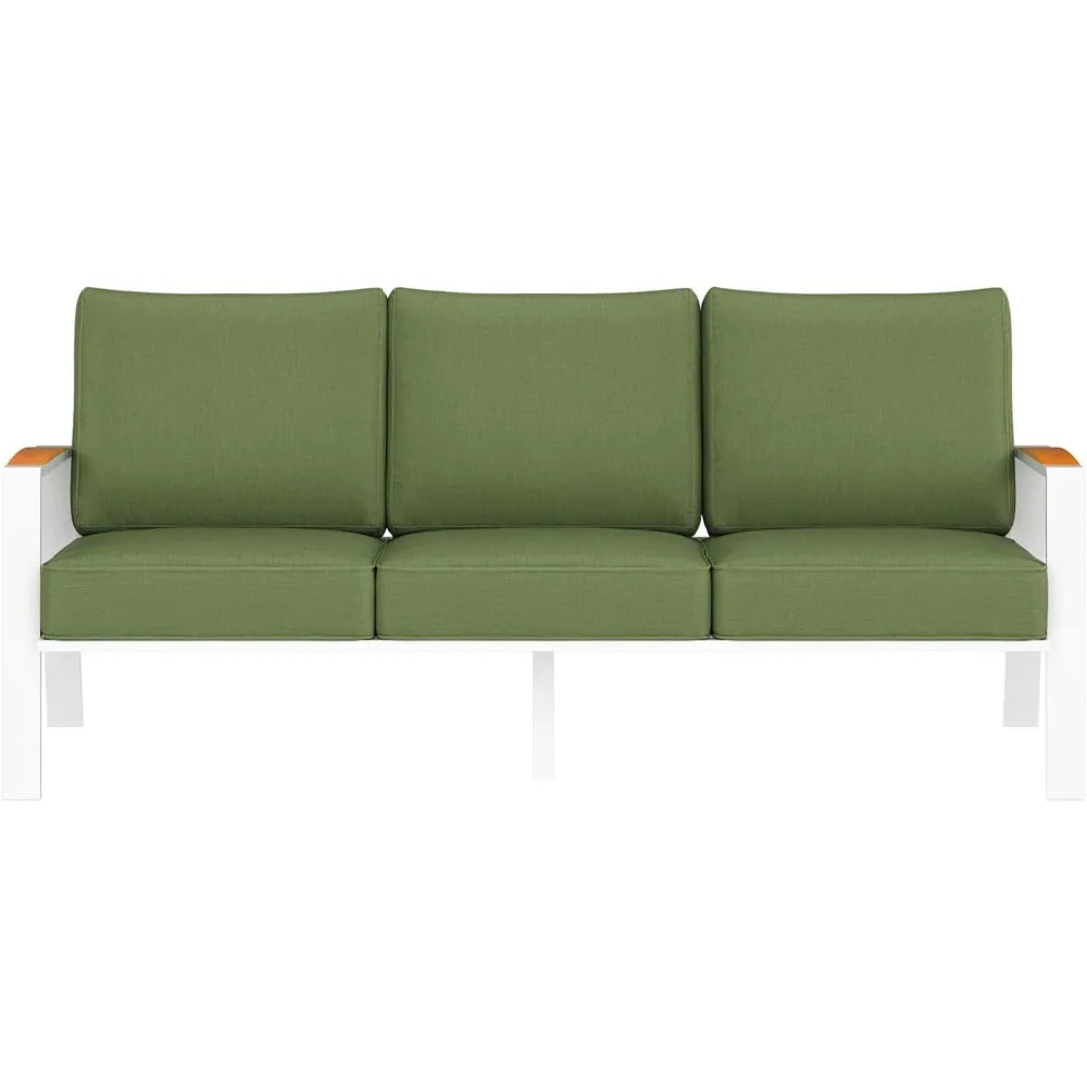 Outdoor Couch,  Aluminum Patio Furniture Set,  All-Weather Metal 3-Seat Sofa with Solid Teak Armrest and Thick Cushions,