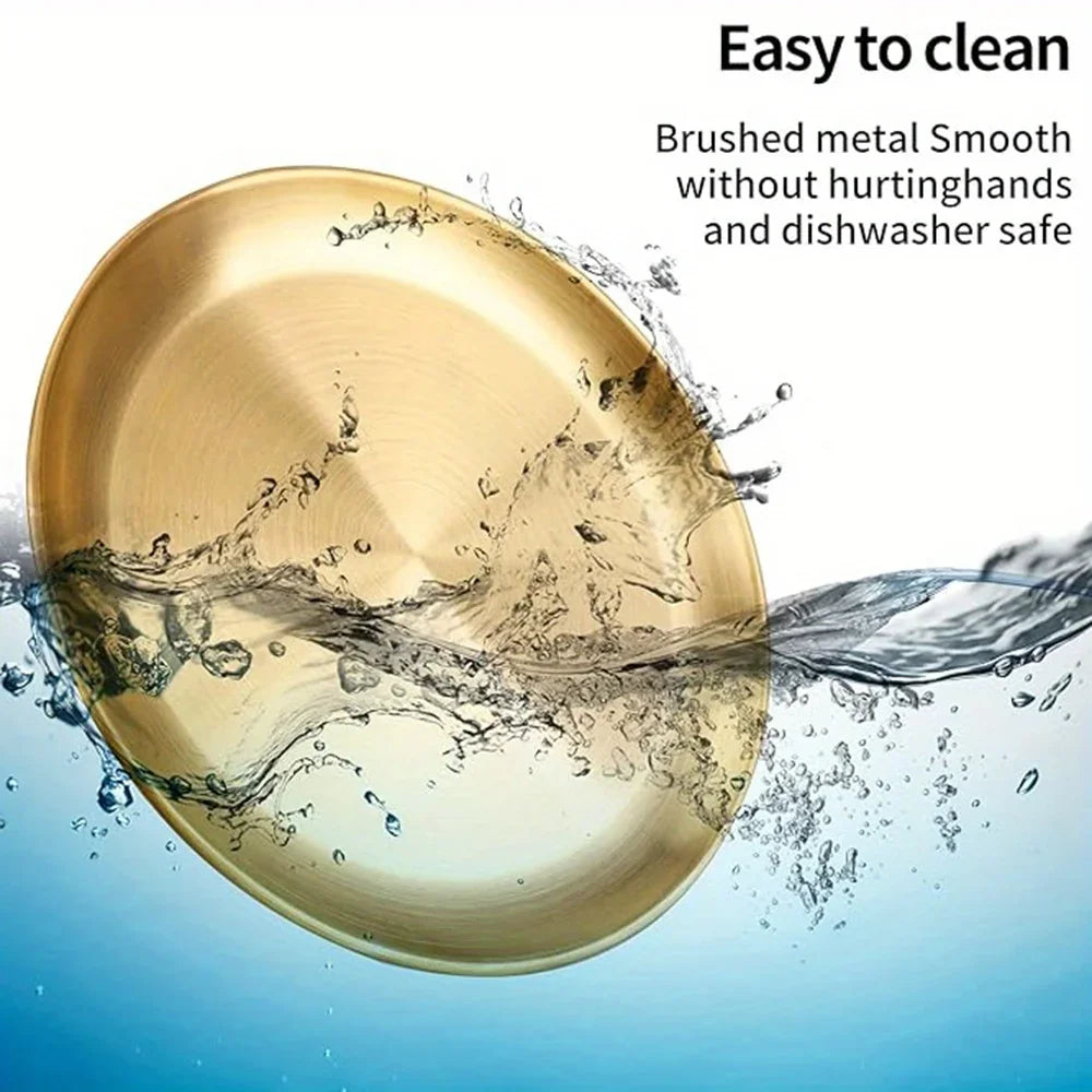 6Pcs Gold Stainless Steels Round Plate Rust-Proof Shallow Tray Plate Camping Plate,  Picnic Dishes Cookware,  There are 3 sizes left.  they are 30 cm, 26 cm, and 14 cm.  14 cm is the most available.