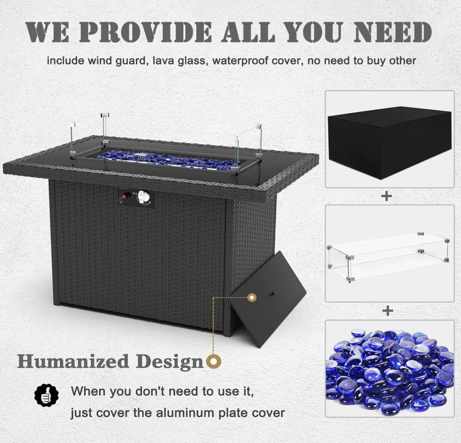 8 Piece Patio Furniture Set with 44" Propane Gas Fire Pit Table, Outdoor Sectional Wicker Sofa Sets with Coffee Table