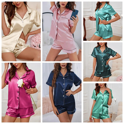 Luxurious Satin Pajama for Women with Short Sleeve Top and Button-Up Lapel Collar with  Shorts