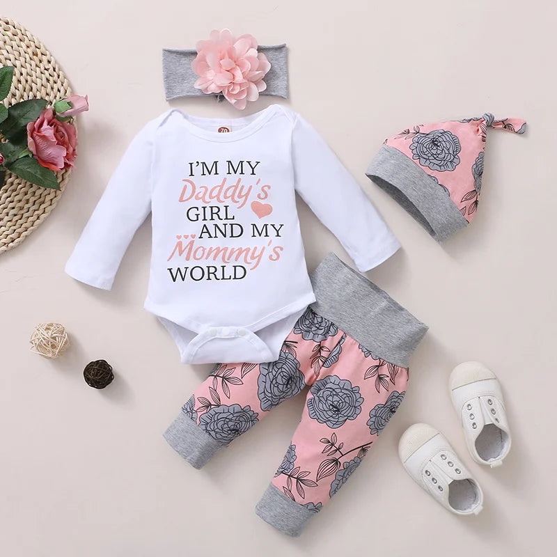 0-24 Months Newborn Baby Girl Clothing Set with Long Sleeves. Romper+Rose Pant+Hat+Headband Spring&Autumn 4PCS Outfit for Toddler Girl