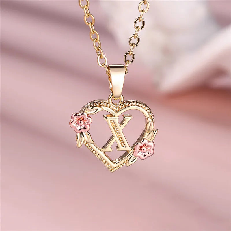 A-Z Letter Flower Pendant Necklace,  Yellow Gold  Wedding Jewelry GifTS