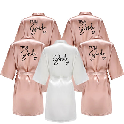 Wedding Party Team Bride Robe With Black Letters, Kimono Style Satin Bridesmaid Bathrobes