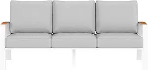 Outdoor Couch,  Aluminum Patio Furniture Set,  All-Weather Metal 3-Seat Sofa with Solid Teak Armrest and Thick Cushions,