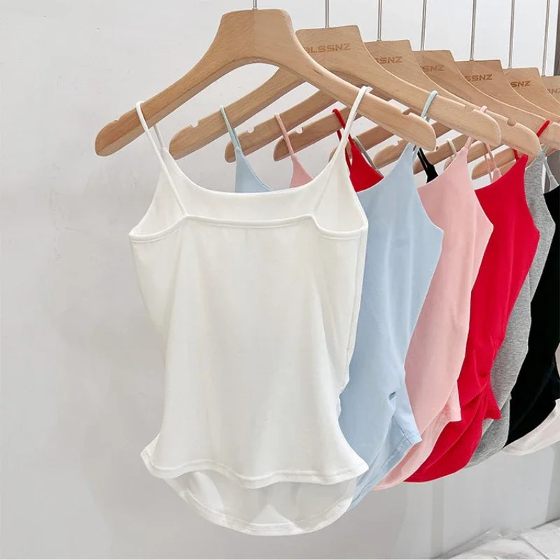 SIX Solid color SPAGHETTI  Tank Top.   Women's Cotton Summer Tank Tops,  New Slim Fit with  SLIGHT STRETCH for  Girls/Women. Waist Cinched .