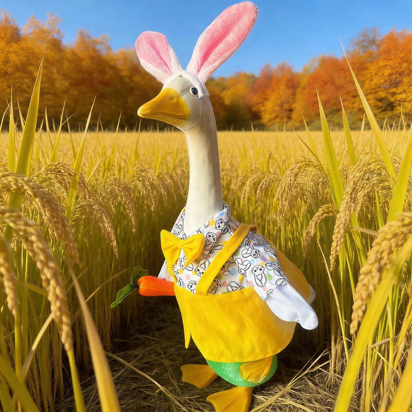 Easter Bunny Porch Goose with  Outfits For Cement Goose .  ' Lawn Goose Statue Clothes,  Bunny Ears on  Hat. Easter Decor