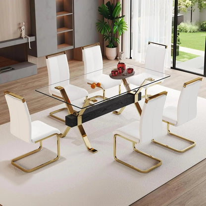71“ Glass Dining Table Set for 6, Modern 7-Piece Dining Table Set,Rectanglular Tempered Glass Top and Metal Legs, Customized