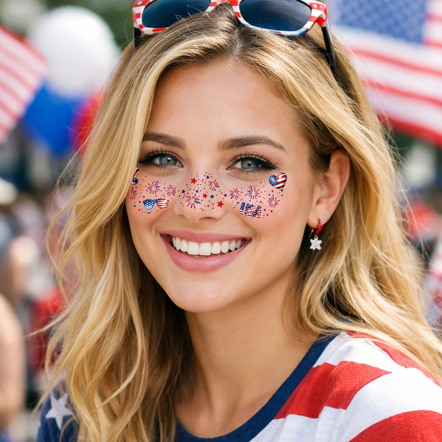 8pcs 250th Anniversary 4th of July Freckles Tattoos Red White Blue Patriotic Face Stickers fo Memorial Day, Veterans Day, Independence Day Party Favors
