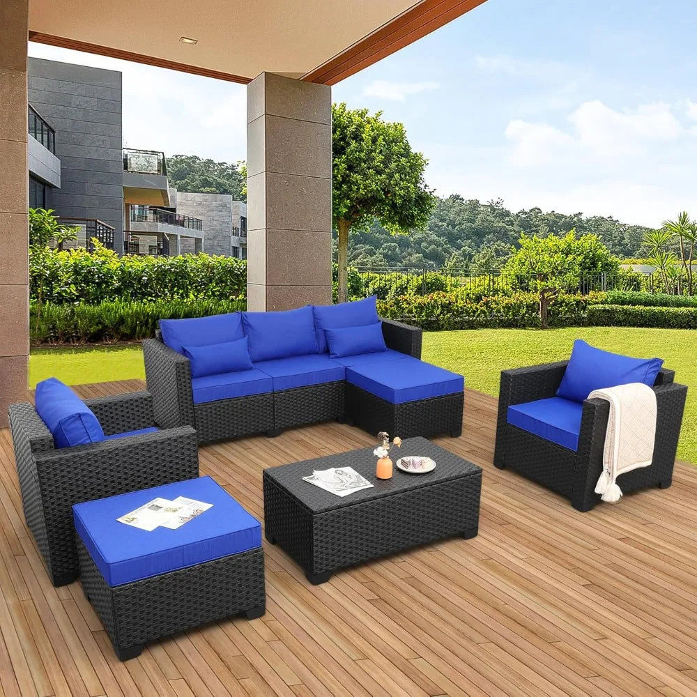 6 Pieces Patio Wicker Furniture Set,  Outdoor PE Rattan Conversation Couch,  Sectiona, l Chair /Sofa Set with Royal Blue
