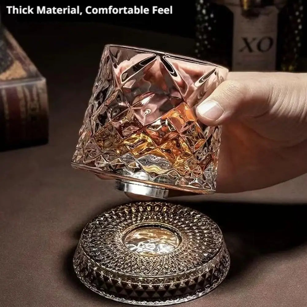 280ml Crystal Rotating Whiskey Glass with Base Ice Flower Bubble Pattern 360° Spinning Glassware For Home Bar Party Wedding
