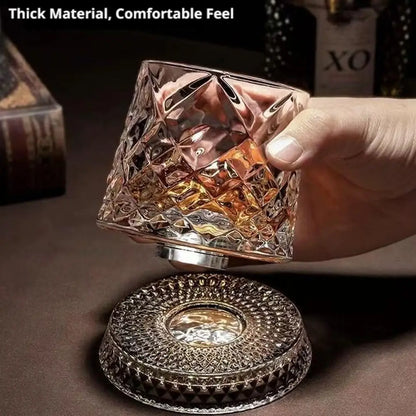 280ml Crystal Rotating Whiskey Glass with Base Ice Flower Bubble Pattern 360° Spinning Glassware For Home Bar Party Wedding