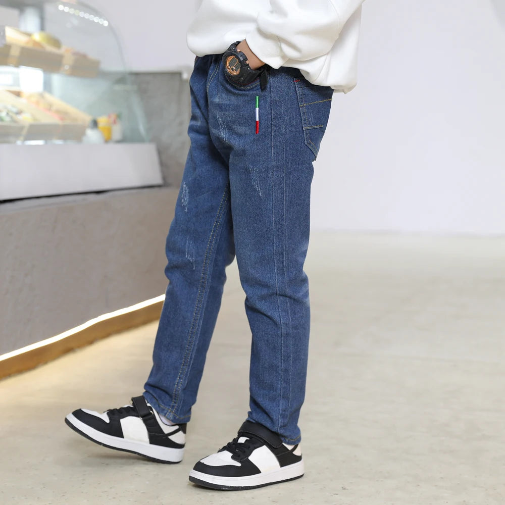 Kids Slim Jeans.  Teen Boys Casual Trousers,  Child Elastic Waist Pants,  4-11 Years of age. Solid Color Straight Denim Pants