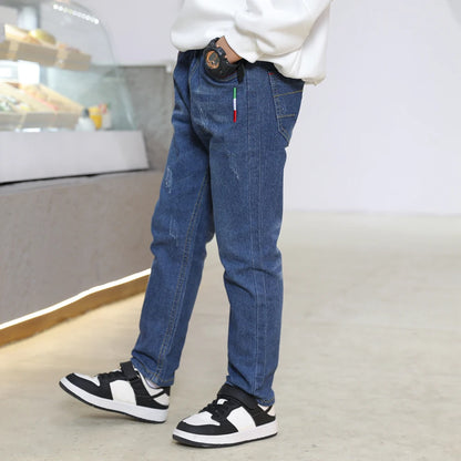 Kids Slim Jeans.  Teen Boys Casual Trousers,  Child Elastic Waist Pants,  4-11 Years of age. Solid Color Straight Denim Pants
