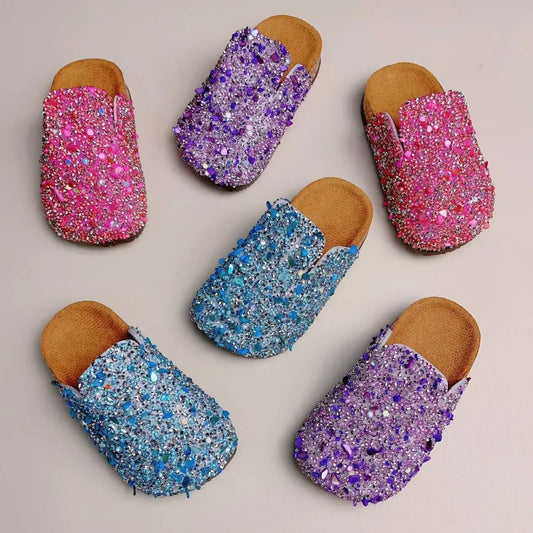 Summer Bling Children's Slippers,  PU Buckle Cork Slippers For Child /Girls with  Anti -Slip Flat Outdoor Kids clogs
