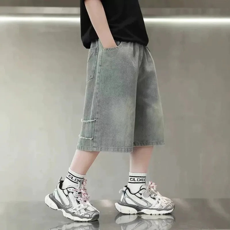Boys Denim Shorts,  Summer, Half-length Jeans with Elastic Waist Letter Patch, Shorts 4-14YRS