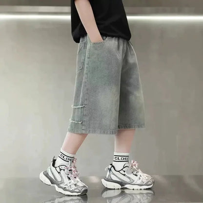 Boys Denim Shorts,  Summer, Half-length Jeans with Elastic Waist Letter Patch, Shorts 4-14YRS