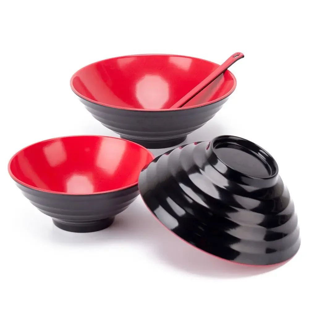 Household Melamine Ramen Bowl  with Red and Black Ring Striped Pattern.  For Fruit, Salad, Soup.   Heat Safe,  Japanese Style Soup Bowl Commercial