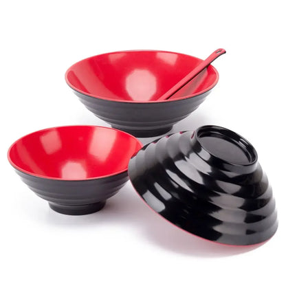 Household Melamine Ramen Bowl  with Red and Black Ring Striped Pattern.  For Fruit, Salad, Soup.   Heat Safe,  Japanese Style Soup Bowl Commercial