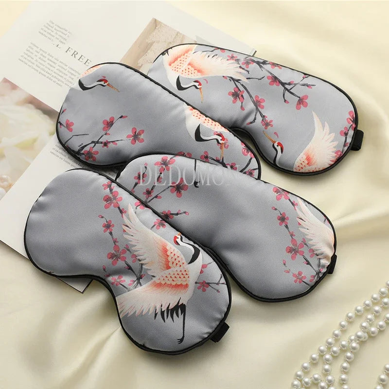 Silk Sleeping Eye Mask Cover For Women /Men.   Printed  Eyepatch,  Crane Blindfold,  Portable Sleep Night Mask,  Relax with Soft Eye Pad,
