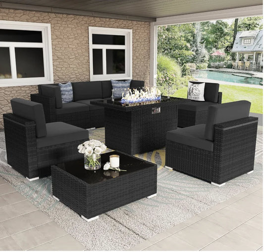 8 Piece Patio Furniture Set with 44" Propane Gas Fire Pit Table, Outdoor Sectional Wicker Sofa Sets with Coffee Table