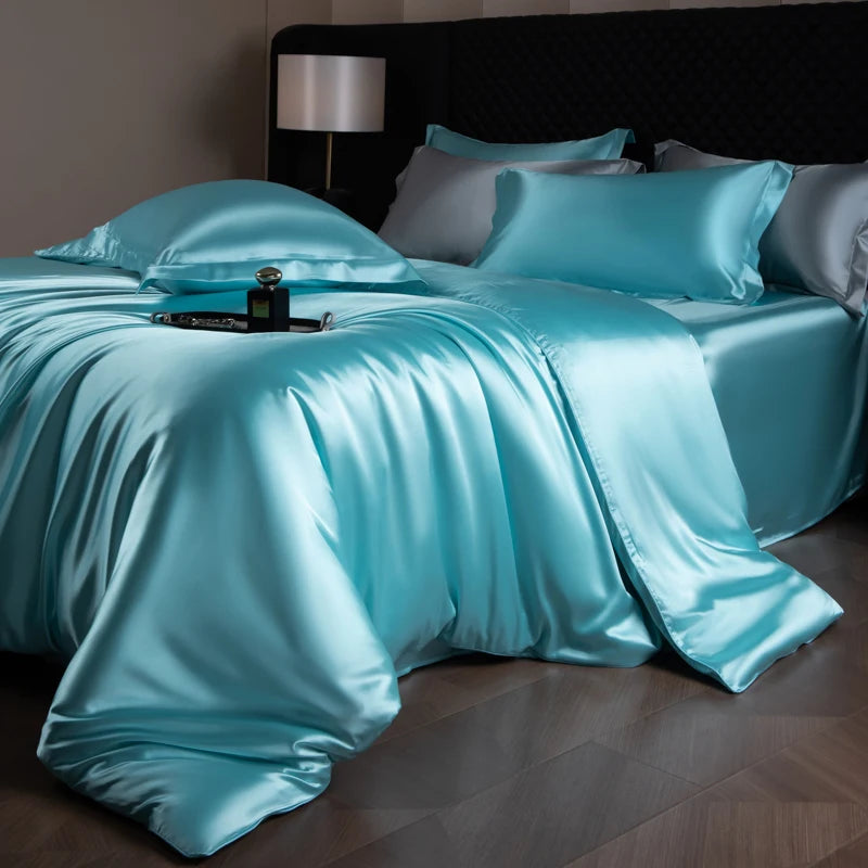 Silk Bed Sheets Set,   Luxury Bedding Set with Duvet Cover,  Fitted/Flat Bedsheet,  Pillowcases, Mixed with Rayon, King /Queen/ Full T/win