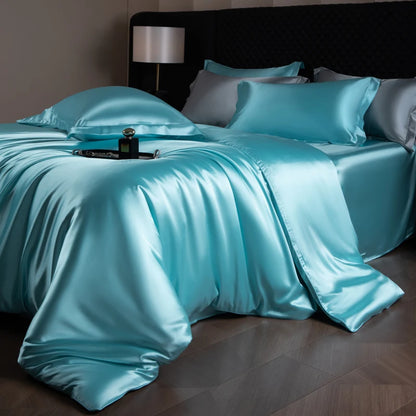 Silk Bed Sheets Set,   Luxury Bedding Set with Duvet Cover,  Fitted/Flat Bedsheet,  Pillowcases, Mixed with Rayon, King /Queen/ Full T/win