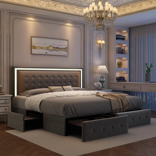 Queen LED Bed Frame with 4 Storage Drawers, Headboard, PU Upholstered, No Box Spring Needed, 900 lbs Support