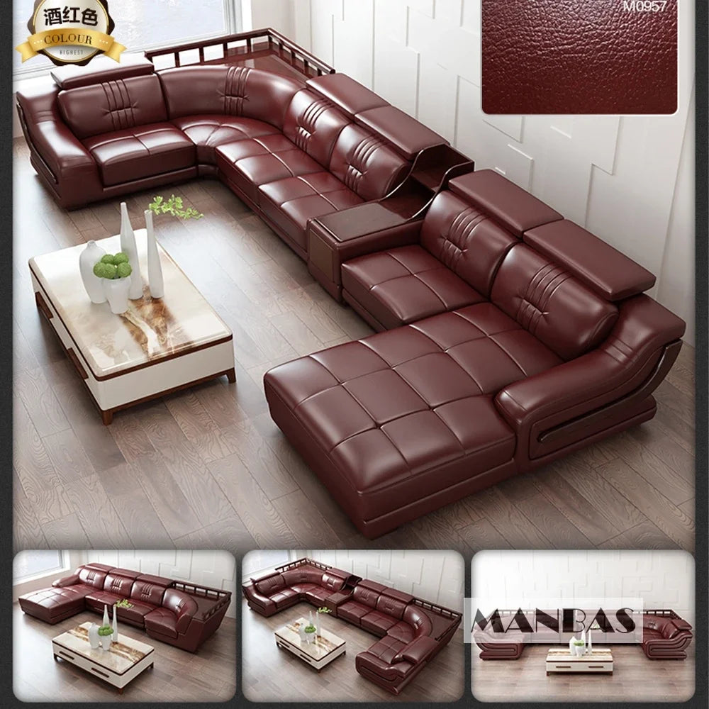 Premium Italian Genuine Leather Sofa Set.  Big Sectional Couch for Living Room,  With Adjustable Headrest
