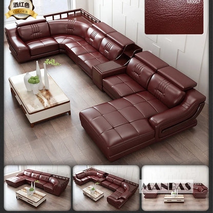 Premium Italian Genuine Leather Sofa Set.  Big Sectional Couch for Living Room,  With Adjustable Headrest