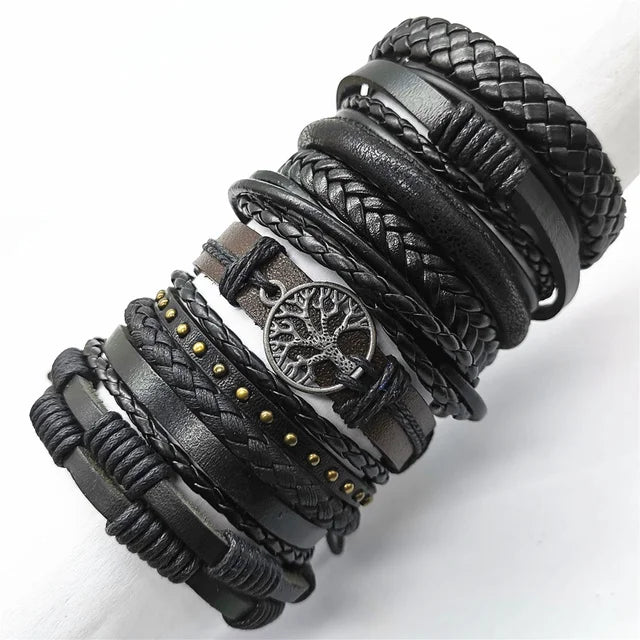 10 Pcs/set Black Wrap Woven, Handmade Mens  Bracelets. Male / Female Leather Bracelets.