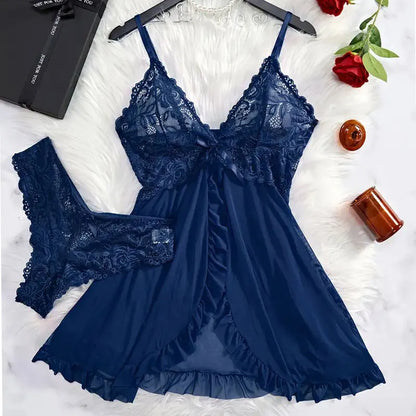 Tulle Ultra Sexy Nightgown,  V-neck Bra, Open Sleep Skirt, Womans Sheer  Lingerie  with Thong