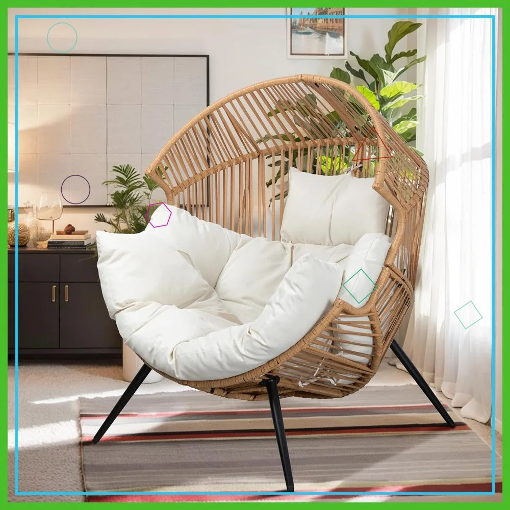 Outdoor Wicker Egg Chair with Cushion, Oversized Patio Lounge Chair for Garden, Balcony, Indoor & Outdoor Use, Beige