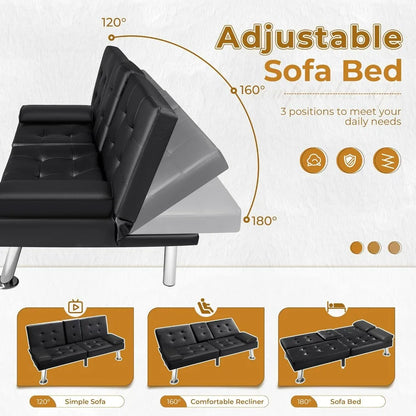 Futon Sofa Bed,  Modern Faux Leather Couch Bed,  Convertible Folding Recliner for Living Room with 2 Cup Holders and Armrest, Black or Brown.