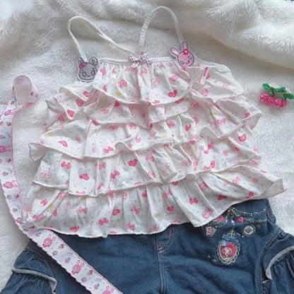Sweet Crop Tops Print T-shirt,  Lolita Aesthetic, Tees /Bows on Tank Tops Vintage Women/ Girls Tops