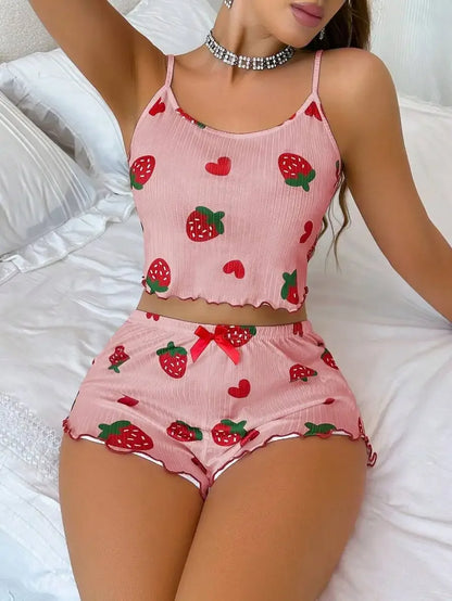 Summer Strawberry Print,  2 Piece Pajama Set.   Women's Casual Sleepwear Suspender Crop Tops and Shorts Comfortable Home Wear.Perfect Gift for MOTHERS DAY