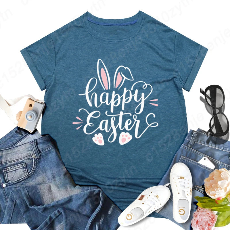 Cute Happy Easter Bunny Print T-Shirts  for Junior Women , Short Sleeve,  Round Neck Tee Shirt Casual,  Soft Summer,  Solid Color T Shirt /Tops