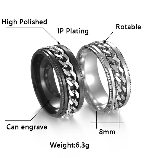 Cool Stainless Steel Rotatable  MENS/WOMENS Ring . High Quality Spinner Chain Punk Jewelry Style