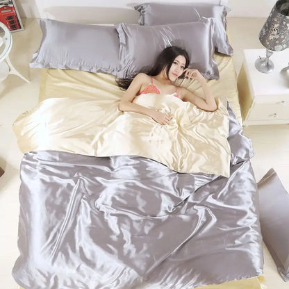 Nordic Satin Silk Bedding Set with Duvet Cover,  Bed Sheet,  Pillowcases.   Luxury Solid Single, Double, Couple Pillow Case and Bedsheet