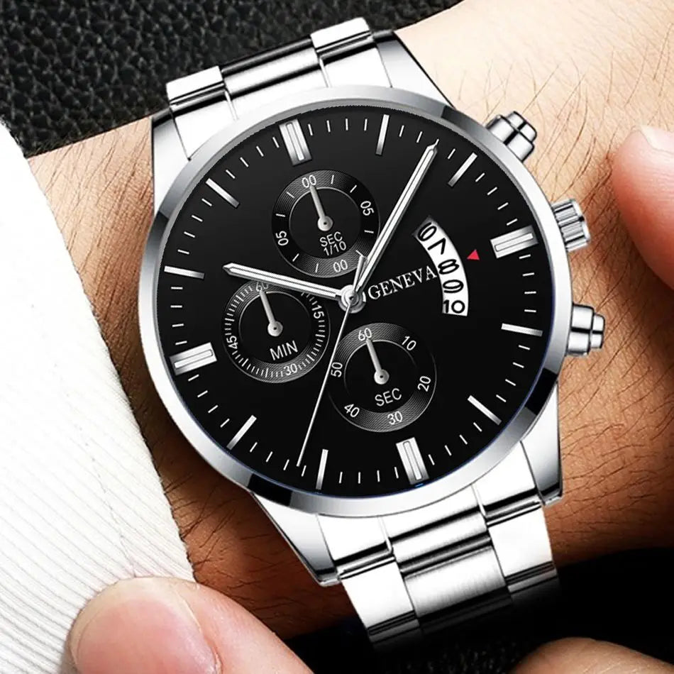 3PCS/Set Fashion Men's Stainless Steel Band Watch,  Casual,  Calendar Quartz Watch Jewelry Set（Without Box）Both Colors are Available