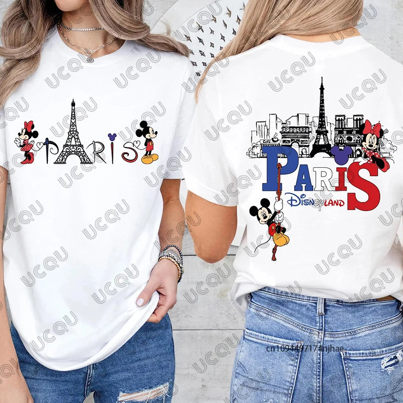 2026 Summer Mickey & Minnie Love Paris Print Mom and Dad Children Cotton T-shirt Short Sleeve Parent-Child Tees Casual Tops.  GREAT FATHERS DAY Gift   whether your taking that trip to Paris, or just wishing.