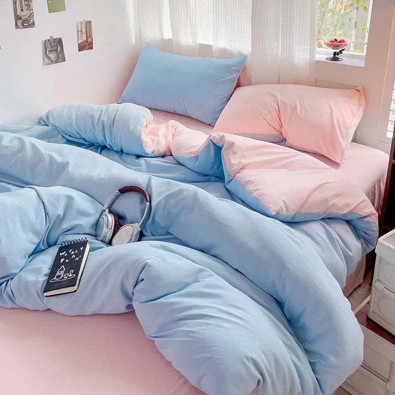 Solid Bed Linen Cotton Bedding Set 4pcs with Sheet Duvet Cover,  Pillowcases, Single/  Couple Bedsheet Single / Couple Twin Size