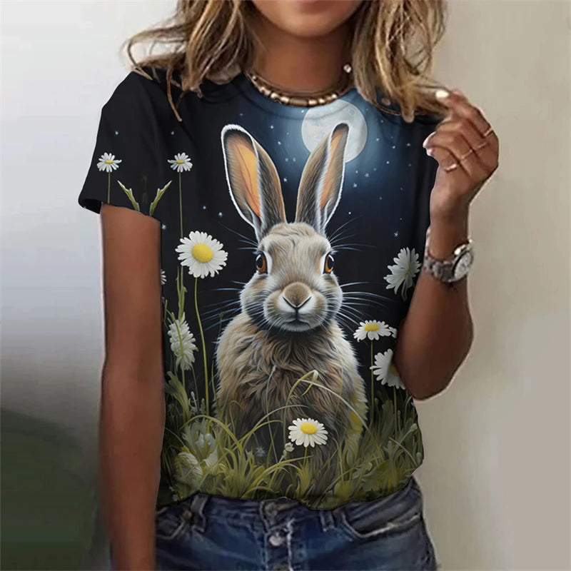 Cute Fun Rabbit Printed T Shirt, Unisex,  Short Sleeve O Neck, Fashion  for Easterwear.  T Shirts  for Summer Casual Outdoor, Soft Tops