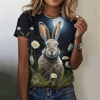 Cute Fun Rabbit Printed T Shirt, Unisex,  Short Sleeve O Neck, Fashion  for Easterwear.  T Shirts  for Summer Casual Outdoor, Soft Tops