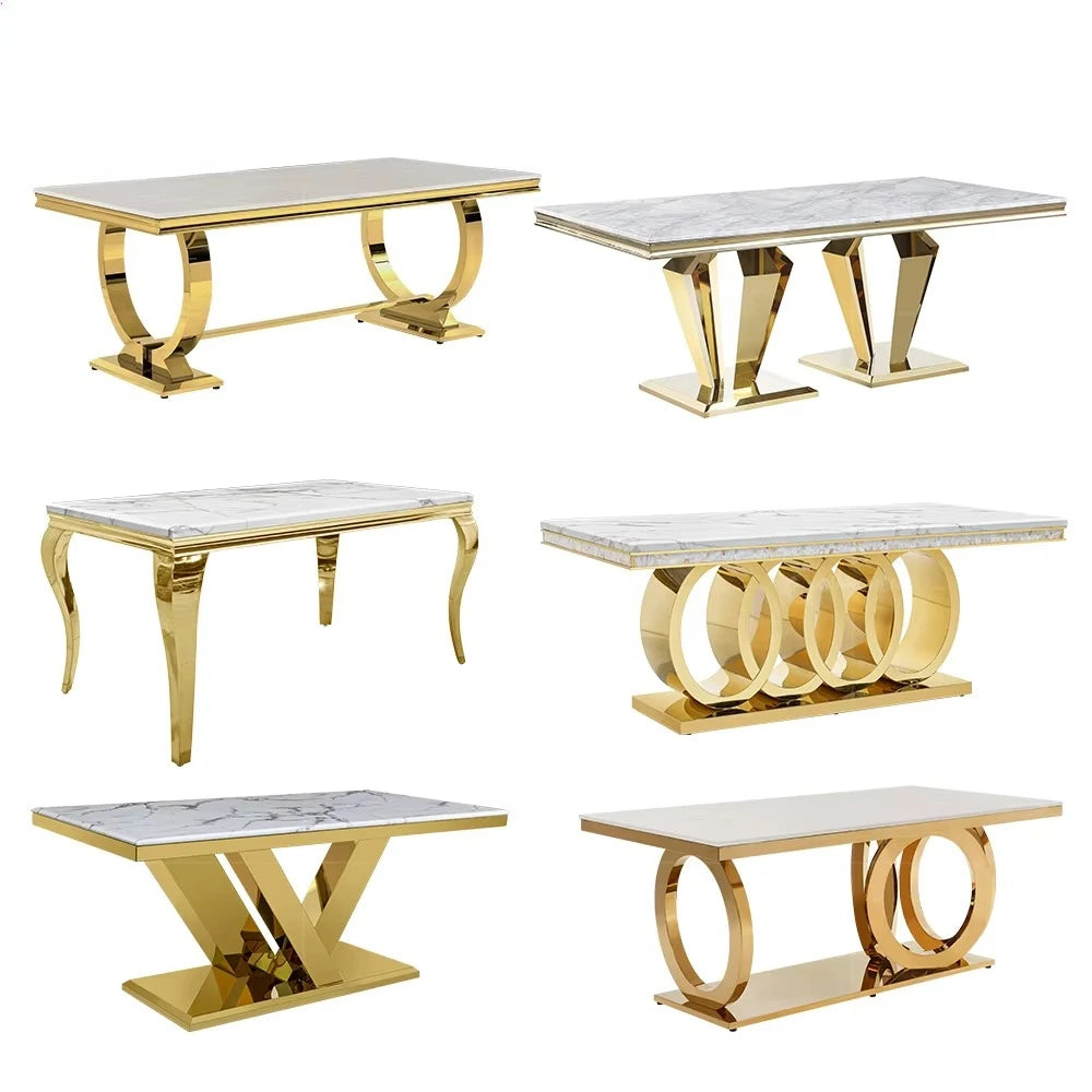 Mirror Furniture,  6 Seats Dining Table, Gold Marble,  Deluxe Glass Dining Table