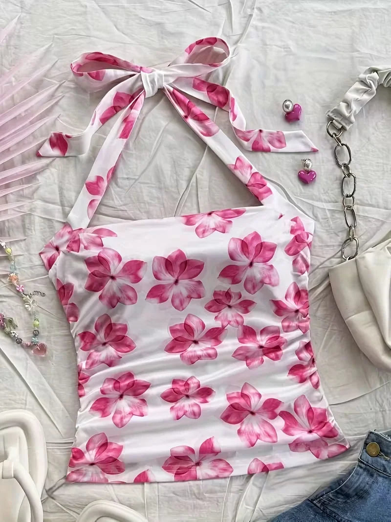 Women's summer short top, pink floral,  camisole vest, suitable for vacation style.