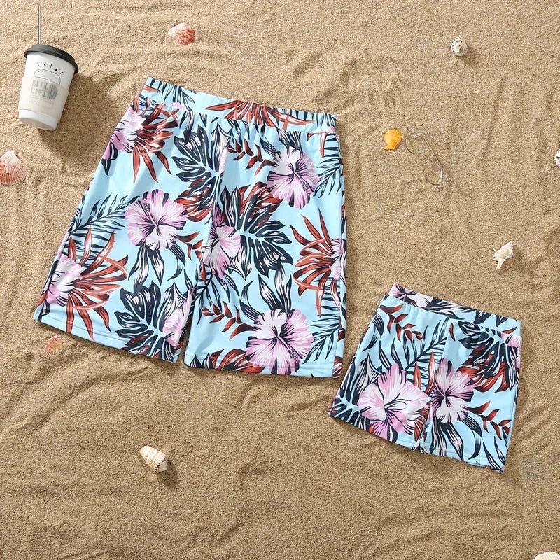 /Mom/ Daughter Swimwear,  Floral Pattern Ruffle, One-Piece Swimsuit .  Dad Son Swim Shorts,  Family Matching Outfits Beach Wear