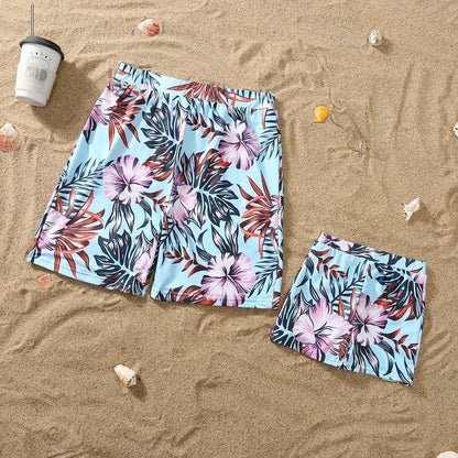 /Mom/ Daughter Swimwear,  Floral Pattern Ruffle, One-Piece Swimsuit .  Dad Son Swim Shorts,  Family Matching Outfits Beach Wear